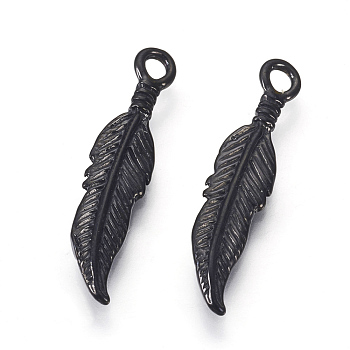 304 Stainless Steel Pendants, Feather, Gunmetal, 25.5x6x2.5mm, Hole: 2mm