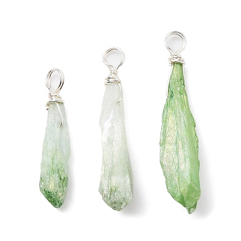 Electroplated Raw Rough Natural Quartz Crystal Copper Wire Wrapped Pendants, Green Plated Teardrop Charms, Silver, 33~44x7x8~10mm, Hole: 3.5mm