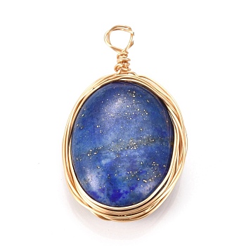 Natural Lapis Lazuli Pendants, Wire Wrapped Pendants, with Light Gold Plated Eco-Friendly Copper Wire, Oval, Dyed, 21~24x13~14x6~6.5mm, Hole: 1.5~2.5mm