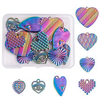 DIY Jewelry Making Findings Kits, Including 10Pcs 5 Styles 304 Stainless Steel Pendants and 4Pcs 2 Styles 304 Stainless Steel Rhinestone Settings, Heart Mixed Shapes, Rainbow Color, 16.5~24.5x15.5~22x1.5~2.5mm, Hole: 1.5~2mm, 2pcs/style