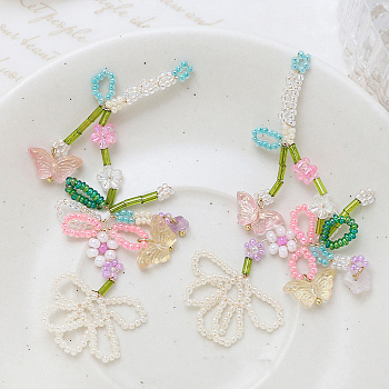 Glass Seed Beaded Woven Flower Pendant Deocrations, for Earrings Mobile Phone Handbag Accessories, Pink, 90x34mm