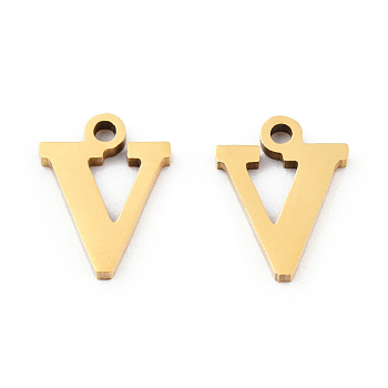 201 Stainless Steel Charms, Alphabet, Letter.V, 8.5x6.5x1mm, Hole: 1mm
