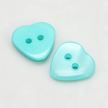 Resin Buttons, Dyed, Heart, Cyan, 13x12x3mm, Hole: 2mm