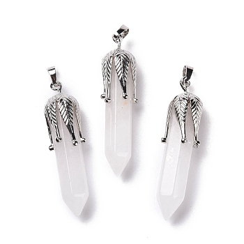 Natural Quartz Crystal Big Pendants, with Platinum Tone Brass Findings, Cadmium Free & Lead Free, Bullet with Leaf, 53.5~57x14~15x14~15mm, Hole: 7x4mm