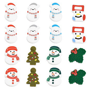 8Pcs 8 Style Christmas Theme Food Grade Eco-Friendly Silicone Beads, Chewing Beads For Teethers, DIY Nursing Necklaces Making, Snowman & Christmas Tree & Holly Leaves, Mixed Shapes, 26~35x22~31.5x7~9mm, Hole: 2.5~3mm, 1pcs/style