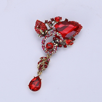 Teardrop with Flower Rhinestone Pins, Alloy Brooches for Girl Women Gift, Red, 92x47mm