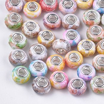 Resin European Beads, Large Hole Beads, with Silver Color Plated Brass Cores, Rondelle, Mixed Color, 14x8.5~9mm, Hole: 5mm