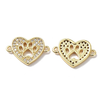 Brass Micro Pave Clear Cubic Zirconia Connector Charms, Heart Links with Hallow Paw Print, Lead Free & Cadmium Free, Real 18K Gold Plated, 10.5x15x2mm, Hole: 1mm