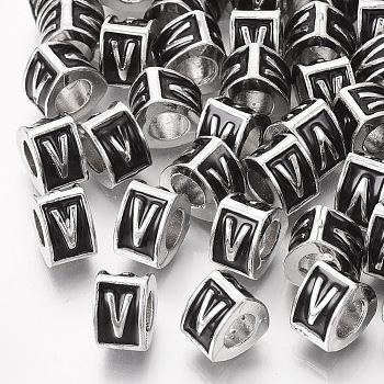 Alloy European Beads, Enamel Style, Large Hole Beads, Triangle with Letter, Platinum, Black, Letter.V, 9.5x9x6.5mm, Hole: 5mm