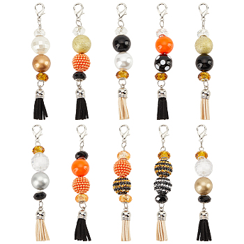 10Pcs 10 Styles Glass & Acrylic & Resin Beaded Pendant Decorations, with Faux Suede Tassel Pendant and Alloy Lobster Claw Clasps, Mixed Color, 127mm, 1pc/style