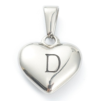 304 Stainless Steel Pendants, Heart with Black Letter, Stainless Steel Color, Letter.D, 16x16x4.5mm, Hole: 7x3mm