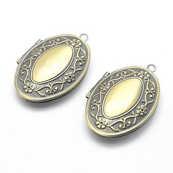 Brass Locket Pendants, Photo Frame Charms for Necklaces, Cadmium Free & Nickel Free & Lead Free, Oval, Brushed Antique Bronze, 42x27x9mm, Hole: 2mm, Inner Size: 18x29mm