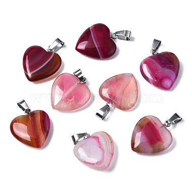 Stainless Steel Color Red Heart Banded Agate Pendants