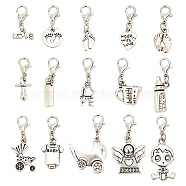 Tibetan Style Alloy Pendant Decoration, with Lobster Claw Clasps, Angel/Pram/Baby, Antique Silver & Platinum, 20~36mm, 15 style, 2pcs/style, 30pcs/set(HJEW-AB00473)