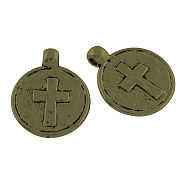 Tibetan Style Flat Round with Cross Alloy Pendants, Cadmium Free & Nickel Free & Lead Free, Antique Bronze, 20x16x2mm, Hole: 2mm, about 534pcs/1000g(TIBEP-Q054-25AB-NR)