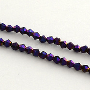 Electroplate Glass Bead Strands, Rainbow Plated, Faceted Bicone, Purple Plated, 4x4.5mm, Hole: 1mm, 92~96pcs/strand, 13.78~14.37 inch(X-EGLA-R094-4mm-05)
