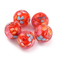 Round Lampwork Beads, Plum Flower Petal Pattern, with Hole, Red, 12mm, Hole: 1.8mm(LAMP-H059-A05)
