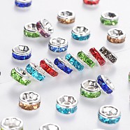 Brass Rhinestone Spacer Beads, Grade AAA, Straight Flange, Nickel Free, Silver Color Plated, Rondelle, MIxed Color, 6x3mm, Hole: 1mm(RB-A014-Z6mm-S-NF)