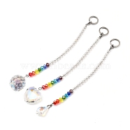Chakra Crystal Suncatcher Dowsing Pendulum Pendants, with 304 Stainless Steel Split Key Rings, Glass Beads, Velvet Bag, Leaf & Heart & Ball Shape, Stainless Steel Color, Colorful, 23.5cm, 24cm, 3pcs/set(PALLOY-JF00461)
