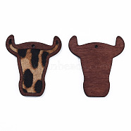 Eco-Friendly Cowhide Leather Big Pendants, with Dyed Wood, Cow's Head with Leopard , PeachPuff, 55x50x3mm, Hole: 2.5mm(FIND-N049-12-04)