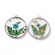 Transparent Clear Epoxy Resin Pendants, with Edge Platinum Plated Brass Loops and Gold Foil, Flat Round Charms with Inner Flower, Green, 34x30x4mm, Hole: 2.6mm(RESI-L036-06G-03)