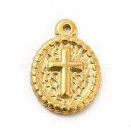 304 Stainless Steel Pendants, Oval with Cross Charms, Golden, 18x12.5x2mm, Hole: 1.4mm(STAS-M305-06G)