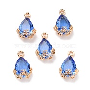 Rhinestone Pendants, with Light Gold Alloy Settings, Teardrop with Flower, Royal Blue, 20x12.5x6mm, Hole: 1.8mm(FIND-A006-01B)