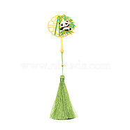 Panda Brass Bookmark with Tassel for Reader, Hollow-out Chinese Ancient Hand Fan Shape Bookmark, Light Gold, Yellow Green, 215mm(AJEW-WH0029-61)