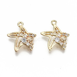 Brass Micro Clear Cubic Zirconia Pendants, Nickel Free, Starfish, Real 18K Gold Plated, 16.5x14x3mm, Hole: 1.2mm(KK-N231-174-NF)