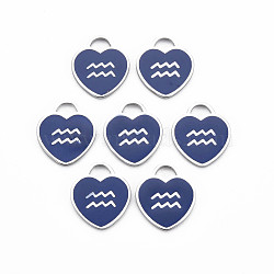 304 Stainless Steel Pendants, with Enamel, Heart with 12 Constellations, Aquarius, 16.5x14.5x1.5mm, Hole: 3x3.5mm(STAS-S117-025B)