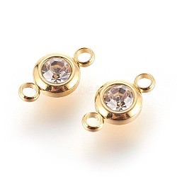 304 Stainless Steel Rhinestone Links connectors, Flat Round, Golden, Crystal, 12x6.5x4mm, Hole: 2mm(STAS-P237-17G-11)