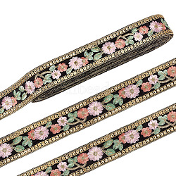 Ethnic Polyester Ribbon, with Glitter Sequins, Flower Pattern, Black, 1-3/4 inch(44mm), about 15.00 Yards(13.72m)/Bundle(OCOR-WH0109-038B)