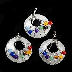 Chakra Natural Quartz Crystal Flat Round Pendants, 7 Chakra Charms with Rack Plating Copper Wire Wrapped, Platinum, 39x28~29x11~23mm, Hole: 5mm(G-Z033-06P-05)