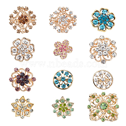 12Pcs 12 Style Rhinestone Flower Lapel Pins, Light Gold Alloy Exquisite Brooch for Women Wedding Party, Mixed Color, 21~28.5x21.5~28x3.5~7mm, Pin: 0.9mm, 1Pc/style(JEWB-NB0001-17)