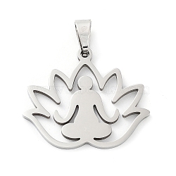 201 Stainless Steel Pendants, Laser Cut, Lotus with Yoga Charm, Stainless Steel Color, 23x27x1.5mm, Hole: 7x3.5mm(STAS-A090-09P)