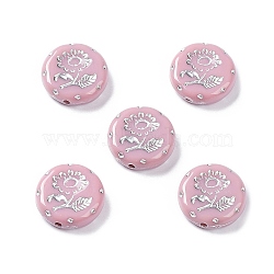 Opaque Acrylic Beads, Metal Enlaced, Flat Round with Flower Pattern, Flamingo, 17.5~18x5~5.5mm, Hole: 1.8mm, about 399pcs/500g(OACR-G016-27B)