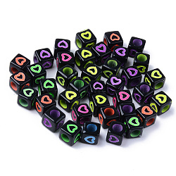 Opaque Black Acrylic European Beads, Large Hole Beads, Cube with Mixed Color Heart, 7x7x7mm, Hole: 4mm, about 760~800pcs/200g(MACR-SZ0001-09A)