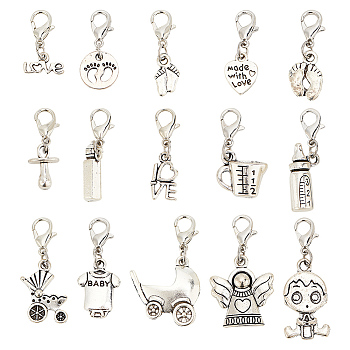 Tibetan Style Alloy Pendant Decoration, with Lobster Claw Clasps, Angel/Pram/Baby, Antique Silver & Platinum, 20~36mm, 15 style, 2pcs/style, 30pcs/set