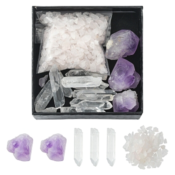 Natural Gemstone Sets, Including Quartz Crystal & methyst Nuggets Beads & Natural Rose Quartz Chip Beads, No Hole/Undrilled, 15~46x6~25x5~10mm, 65.65g/box