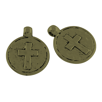 Tibetan Style Flat Round with Cross Alloy Pendants, Cadmium Free & Nickel Free & Lead Free, Antique Bronze, 20x16x2mm, Hole: 2mm, about 534pcs/1000g