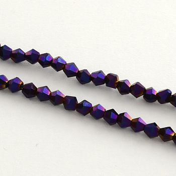 Electroplate Glass Bead Strands, Rainbow Plated, Faceted Bicone, Purple Plated, 4x4.5mm, Hole: 1mm, 92~96pcs/strand, 13.78~14.37 inch