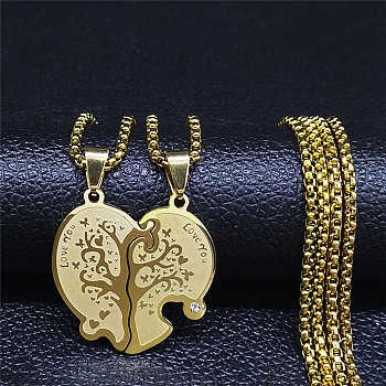 2Pcs 2 Style Rhinestone Tree of Life Couple Pendant Necklaces Set, 304 Stainless Steel Puzzle Heart Matching Couple Necklaces for Best Friends Lovers, Golden, 23.43~23.74 inch(59.5~60.3cm), 1Pc/style