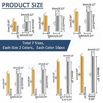 Elite 140Pcs 14 Styles Brass Slide On End Clasp Tubes, Slider End Caps, Platinum & Golden, 5.5~6x10~40x4mm, Hole: 1x3mm, 10pcs/style