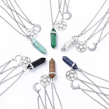 Bullet Natural & Synthetic Gemstone Pendant Tiered Necklaces, with Tibetan Style Alloy Findings and 304 Stainless Steel Findings, Packing Box, 16.4 inch(41.8cm), 2mm