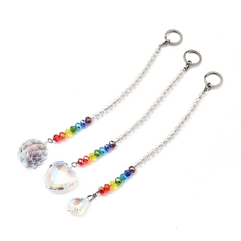 Chakra Crystal Suncatcher Dowsing Pendulum Pendants, with 304 Stainless Steel Split Key Rings, Glass Beads, Velvet Bag, Leaf & Heart & Ball Shape, Stainless Steel Color, Colorful, 23.5cm, 24cm, 3pcs/set