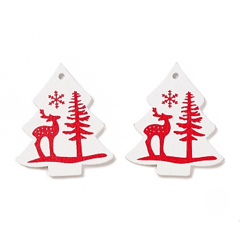 Spray Painted Wood Pendants, Christmas Tree with Elk Pattern, White, 49x42x2mm, Hole: 3mm