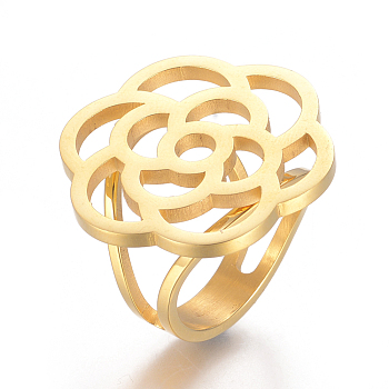 304 Stainless Steel Hollow Finger Rings, Flower, Golden, Size 7, 17mm