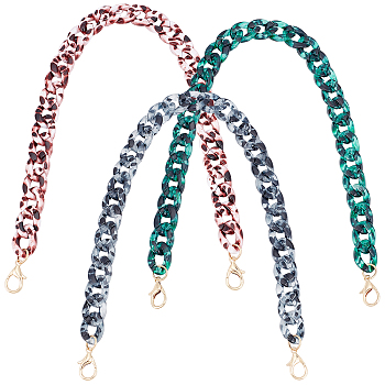 WADORN&reg 3Pcs 3 Colors Leopard Pattern Acrylic Curban Chain Bag Handles, with Alloy Lobster Claw Clasps, for Bag Replacement Accessories, Mixed Color, 60x2.1cm, 1pc/color