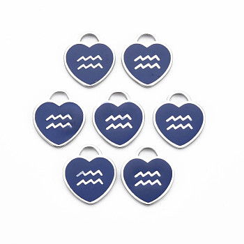 304 Stainless Steel Pendants, with Enamel, Heart with 12 Constellations, Aquarius, 16.5x14.5x1.5mm, Hole: 3x3.5mm