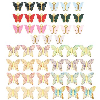 Light Gold Plated Acrylic Pendants, Butterfly, Mixed Color, 12.2~34x14.2~39x3.2~5.5mm, Hole: 1.2~1.8mm,  45pcs/box